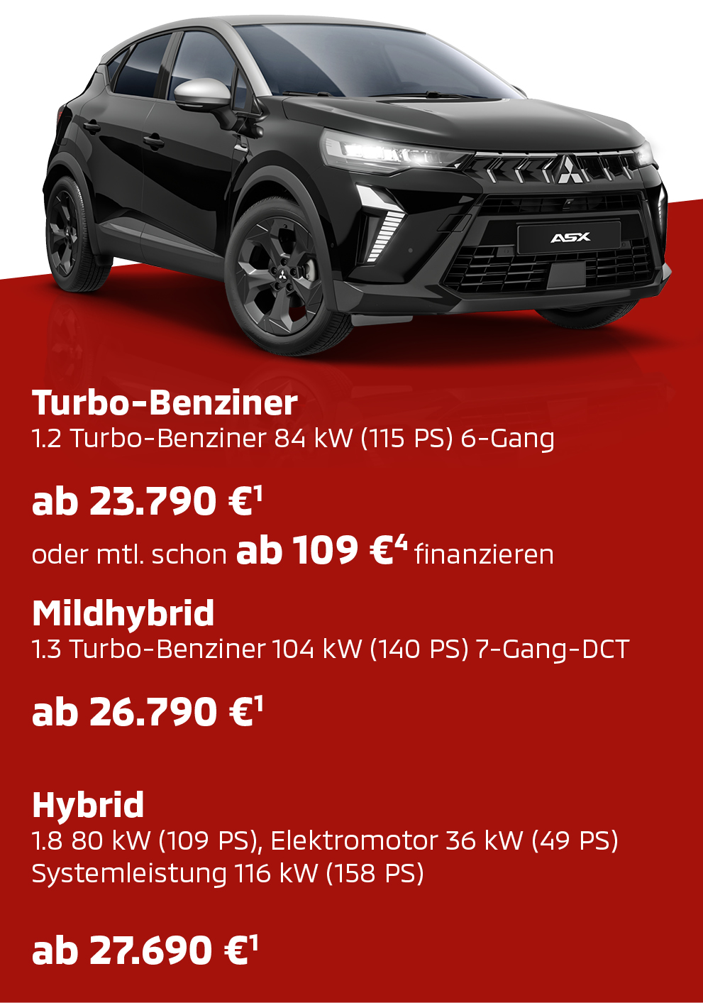 Mitsubishi ASX Black Schwarzer Mitsubishi ASX Black in der Frontansicht mit Preis- und Ausstattungsinfo