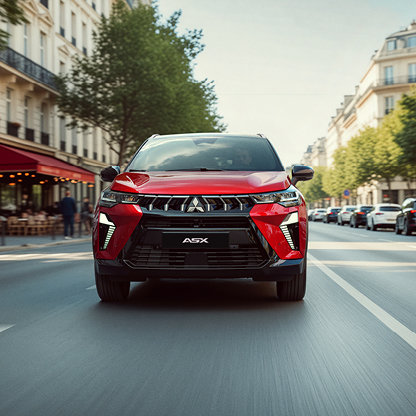 Mitsubishi ASX Select Frontansicht in der Stadt Roter Mitsubishi ASX Select in dynamischer Frontansicht bei Fahrt durch eine belebte Stadtstraße mit verschwommenem Hintergrund