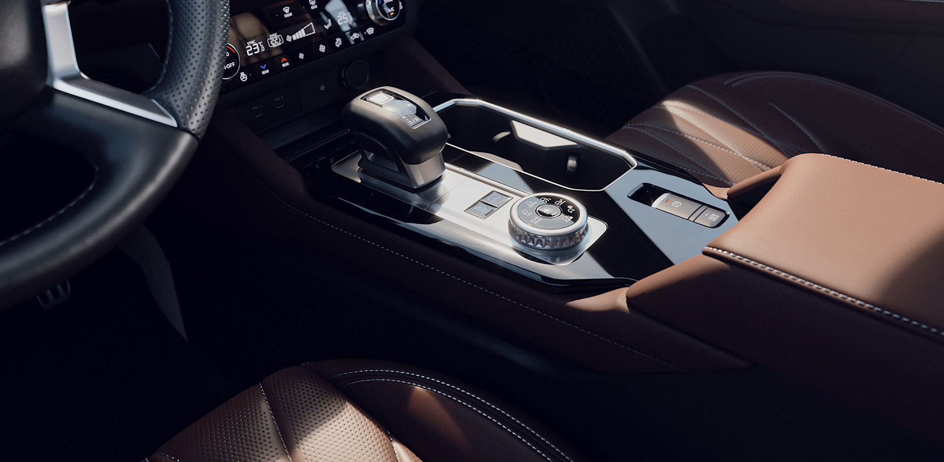 Mitsubishi Outlander Super All Wheel Control Mittelkonsole des Mitsubishi Outlander mit Getränkehalter, Gangwahlhebel und gut sichtbaren Bedienelementen.