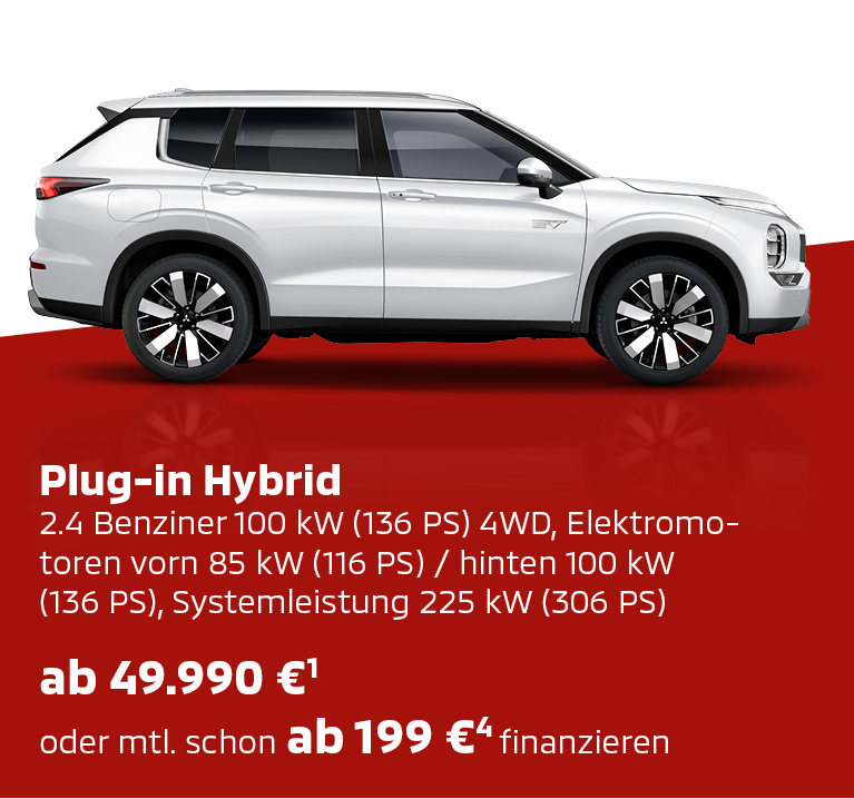 Mitsubishi Outlander Select Weißer Mitsubishi Outlander Select in der Seitenansicht mit Preis- und Ausstattungsinfo