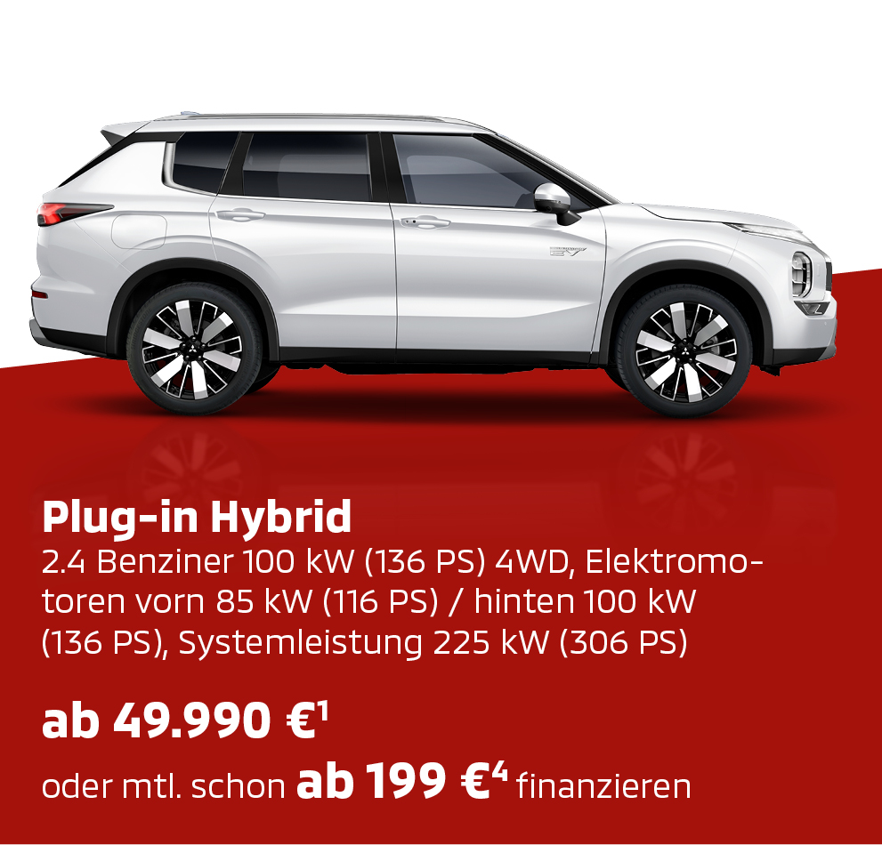 Mitsubishi Outlander Select Weißer Mitsubishi Outlander Select in der Seitenansicht mit Preis- und Ausstattungsinfo
