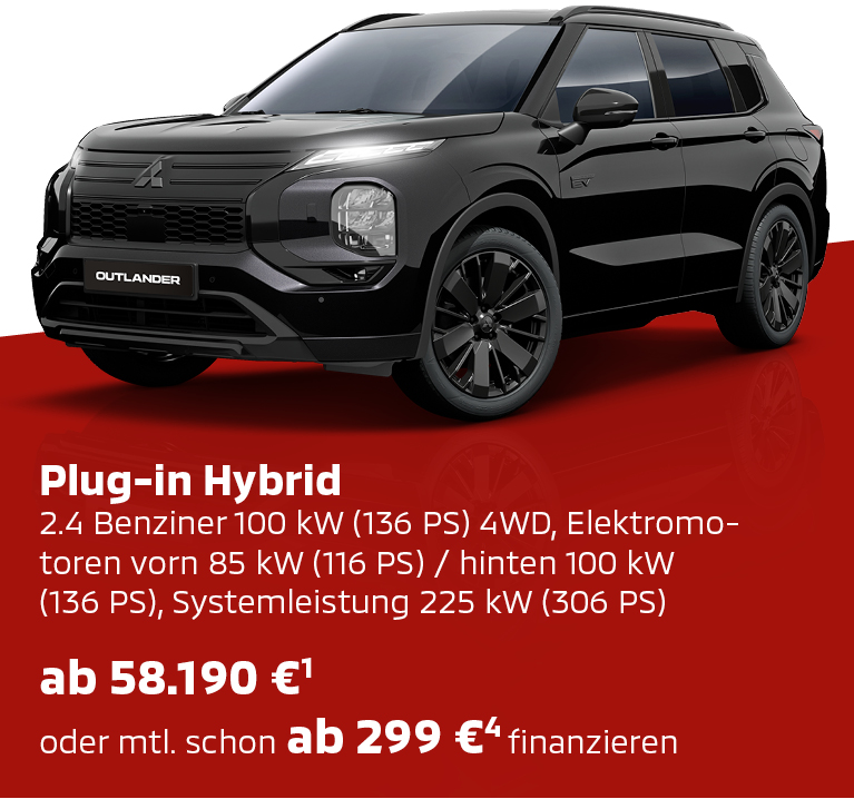 Mitsubishi Outlander Black Schwarzer Mitsubishi Outlander Black in der Seitenansicht mit Preis- und Ausstattungsinfo