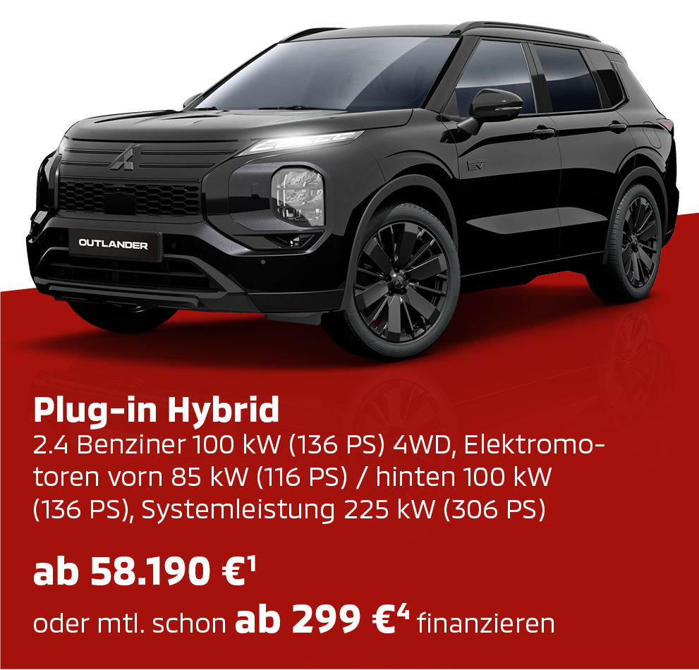 Mitsubishi Outlander Black Schwarzer Mitsubishi Outlander Black in der Seitenansicht mit Preis- und Ausstattungsinfo