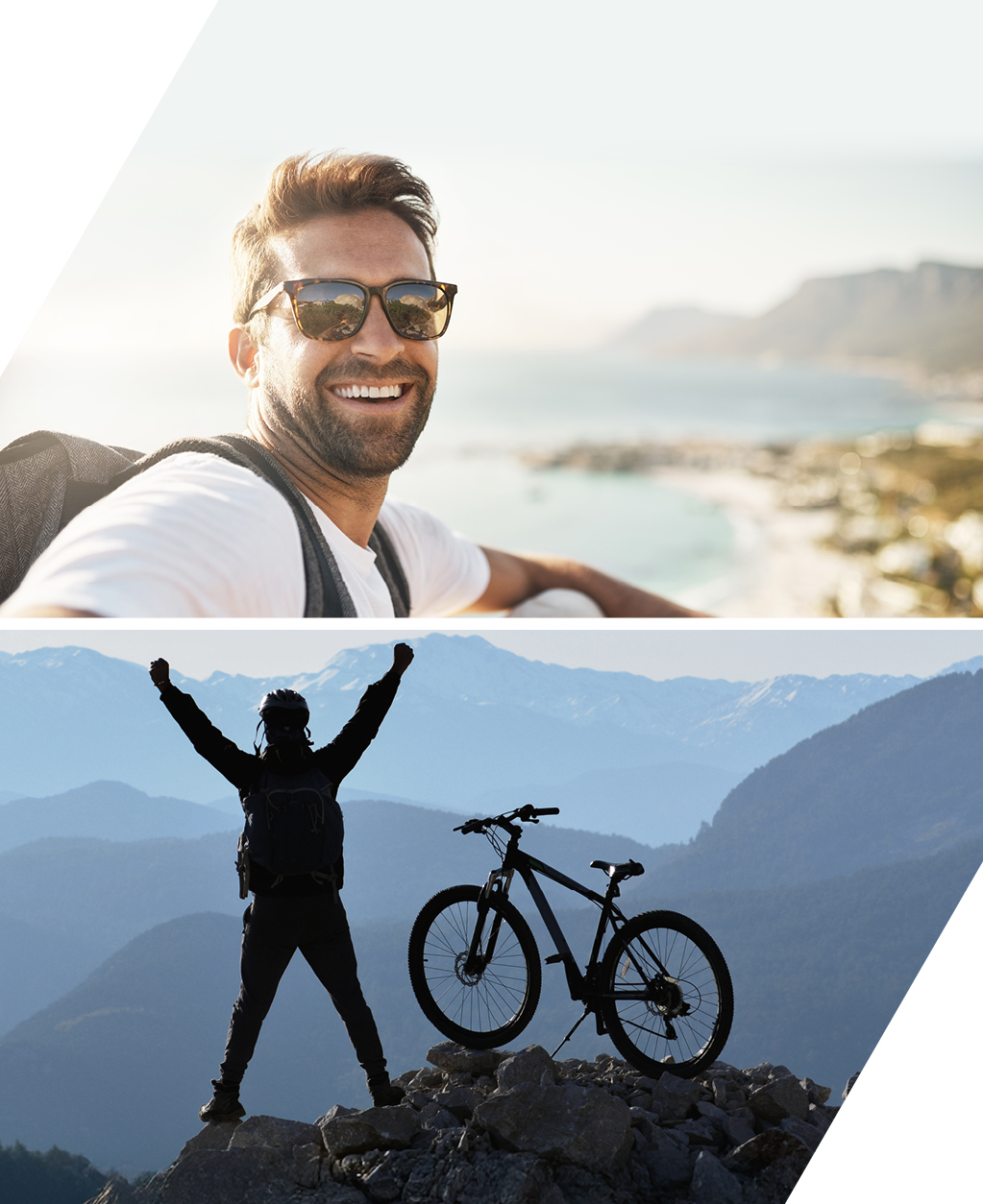 Für alles, was das Leben bringt Geteiltes Bild: Links lächelt ein Mann mit Sonnenbrille vor einer Küstenlandschaft; rechts steht eine Person mit erhobenen Armen neben einem Fahrrad auf einem Berggipfel vor einem alpinen Panorama.