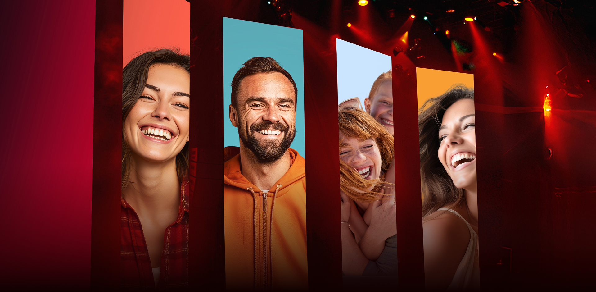 Mitsubishi Happy Weeks Eine Bühne mit Bannern auf denen lachende Menschen zu sehen sind