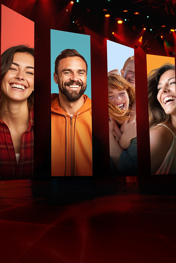 Mitsubishi Happy Weeks Eine Bühne mit Bannern auf denen lachende Menschen zu sehen sind