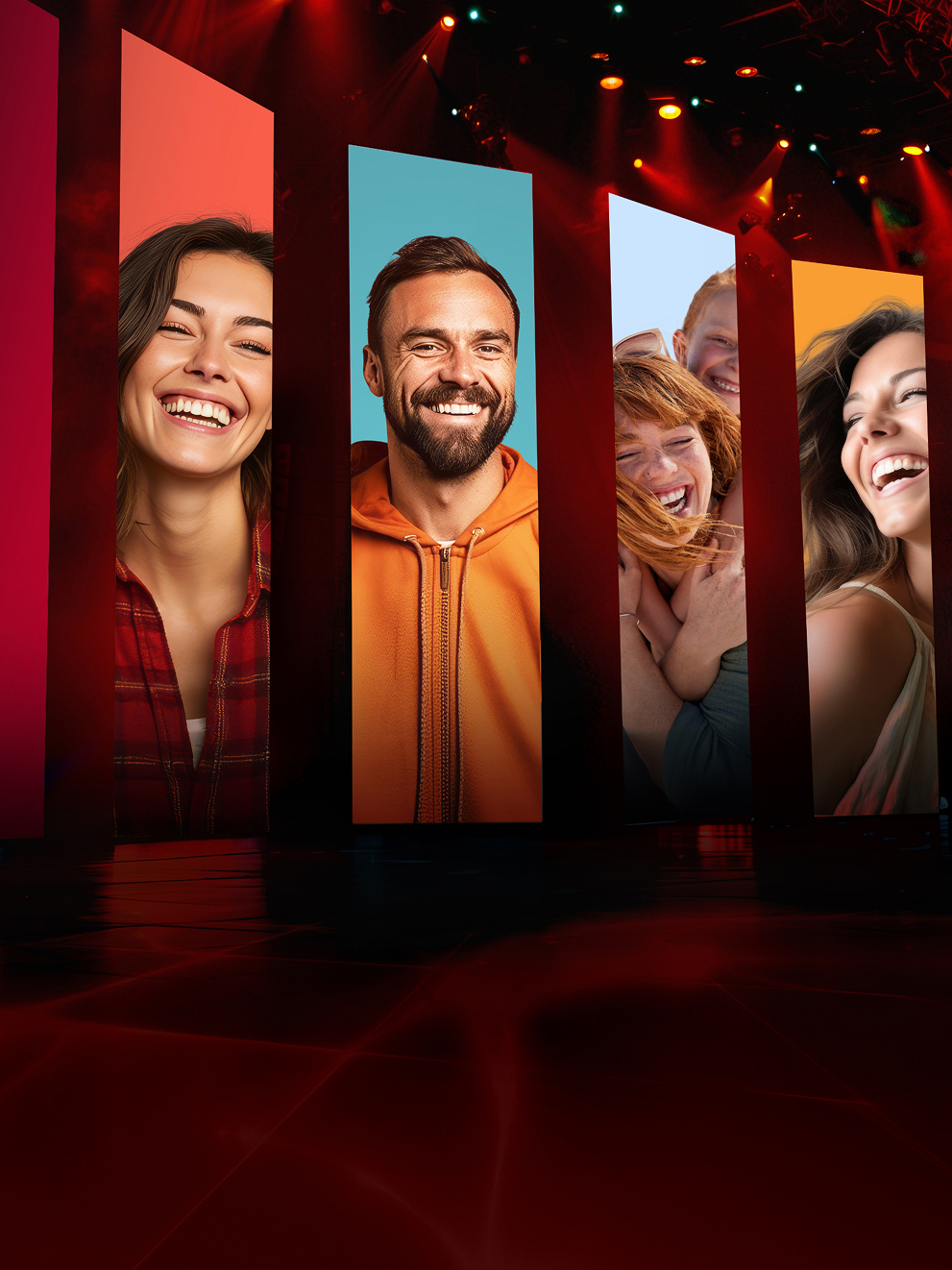 Mitsubishi Happy Weeks Eine Bühne mit Bannern auf denen lachende Menschen zu sehen sind