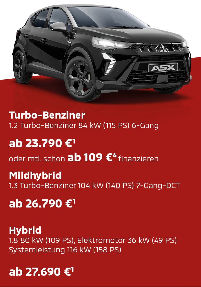 Der Mitsubishi ASX Black Mitsubishi ASX Black Sondermodell in schräger Front Seitenansicht auf rotem Untergrund vor weißem Hintergrund, betont das dynamische, sportliche Exterieur des Sondermodells.
