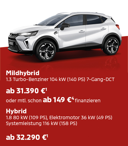 Der Mitsubishi ASX Select Weißer Mitsubishi ASX Select Sondermodell in schräger Front Seitenansicht auf rotem Untergrund vor weißem Hintergrund.
