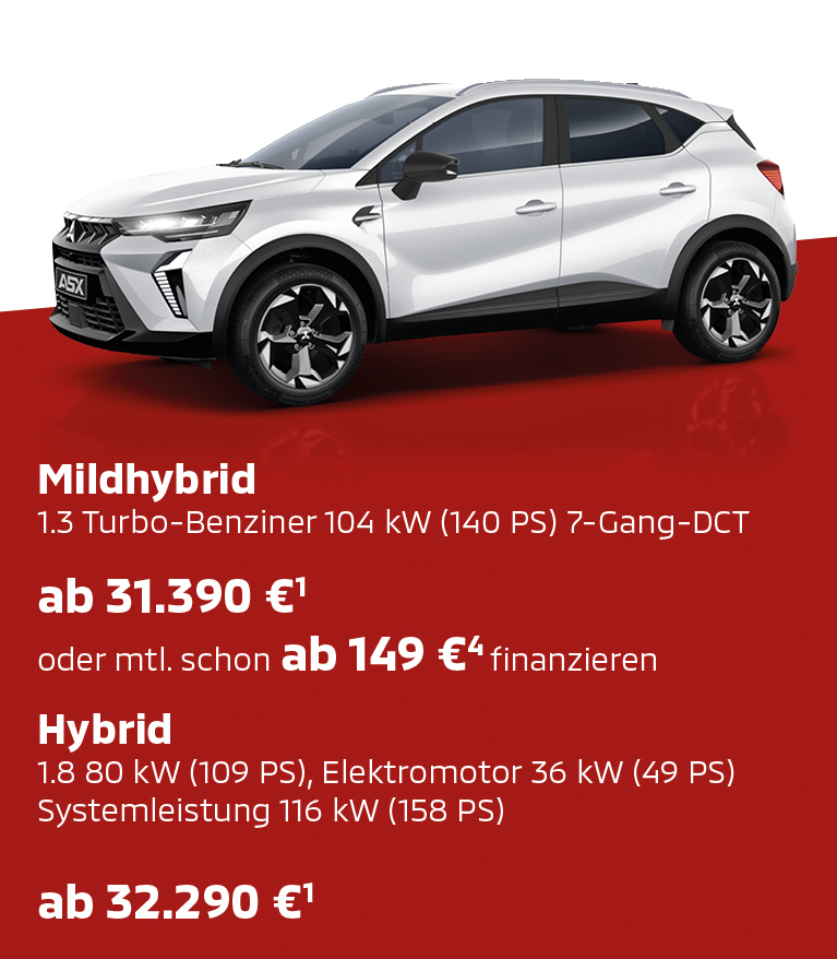 Der Mitsubishi ASX Select Weißer Mitsubishi ASX Select Sondermodell in schräger Front Seitenansicht auf rotem Untergrund vor weißem Hintergrund.