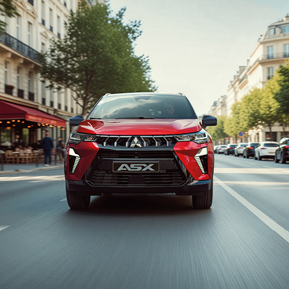 Mitsubishi ASX Select – dynamisch unterwegs in der Stadt Frontansicht eines roten Mitsubishi ASX Select, der auf einer breiten Stadtstraße mit Bäumen und Cafés im Hintergrund fährt; das Bild betont den markanten Kühlergrill und die dynamische Präsenz des City SUV im urbanen Verkehr.